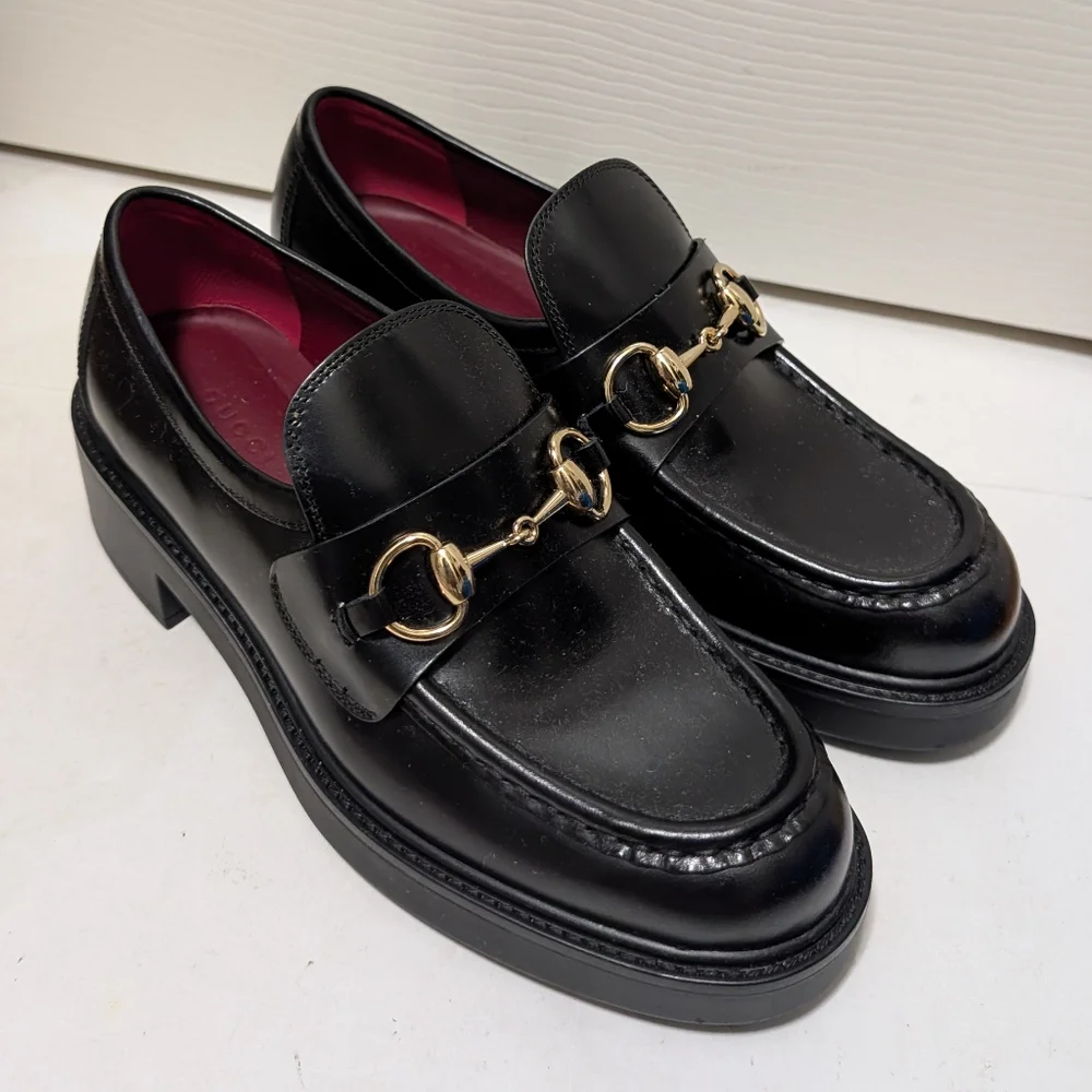 Gucci Mr Horsebit Platform Loafers Women’s EU 36.5 US 6.5 Black Leather Lug Sole - Picture 3 of 10